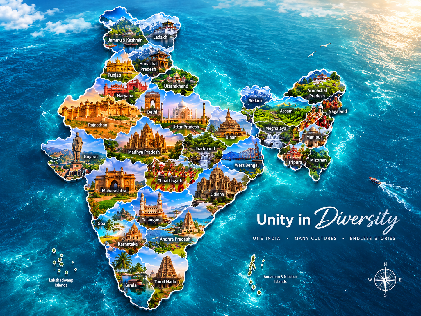Geographic map of India — every state and union territory filled with cultural photography, white state borders, island groups and a Unity in Diversity poster slogan over a turquoise ocean